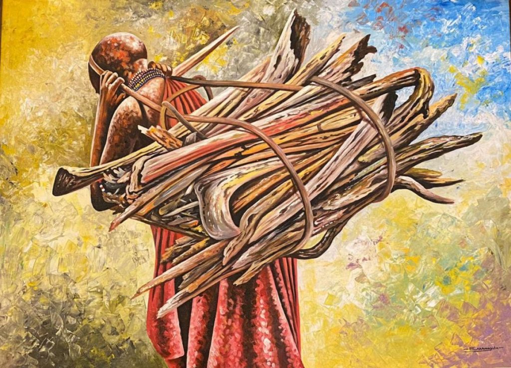 MAASAI LADY CARRING FIRE WOOD