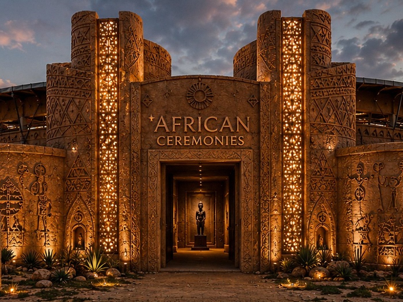 The Museum of Tribal Ceremonies — African Ceremonies building at dusk